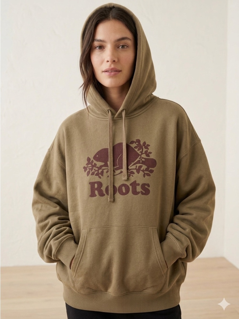 Roots Hoodie Sweatshirt Brown Beaver Logo Gender Free Unisex Relaxed Fit NWT